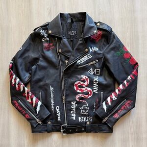 Boohooman Graffiti Punk Rock Black Biker Jacket Sz Small